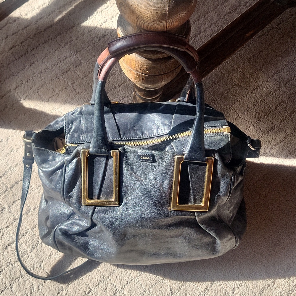 Chloe Black Leather Satchel Crossbody Bag with Gold Accents - Picture 12 of 14